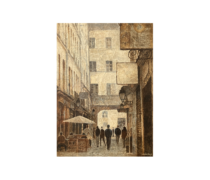 <b>La Rue des Deux Portes, Versailles <br><b>Collage papier journal, détrempe et glacis à la sandaraque sur bois - 33x24cm