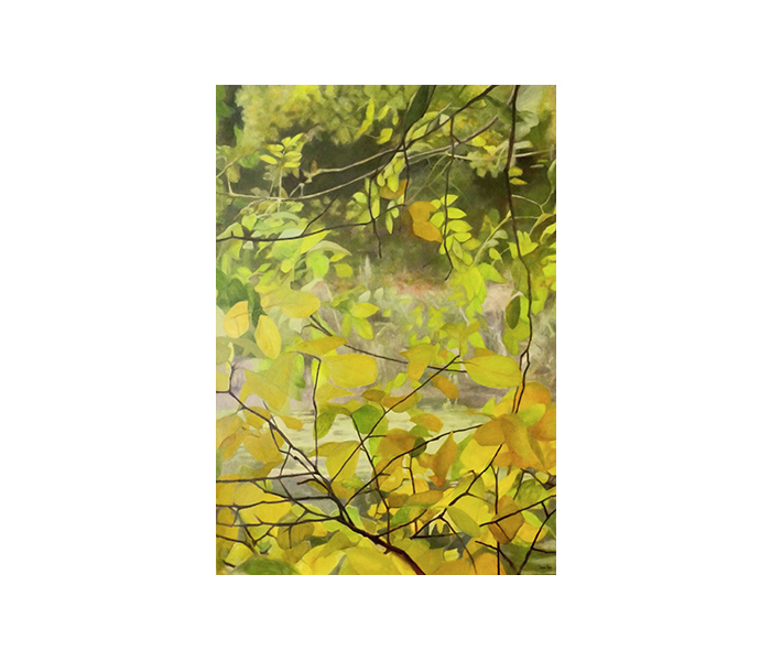 <b>Eau verte à travers les branches et les feuillages <br><b>Huile sur toile - 116x81cm