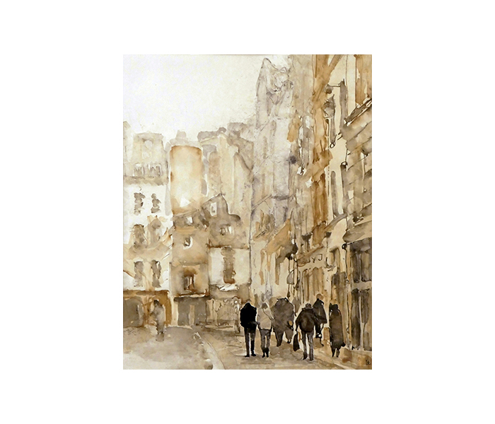 <b>La rue Saint-Julien le Pauvre, Paris 5<sup>ème</sup><br><b>Encre de Chine et encre à la gomme-laque sur papier Velin d'Arches - 60x50cm
