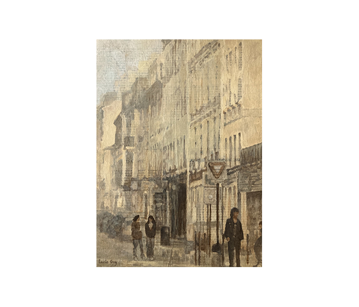 <b>L’Avenue de Saint-Cloud, contre-allée n° pairs, Versailles <br><b>Collage papier journal, détrempe et glacis à la sandaraque sur bois - 33x24cm