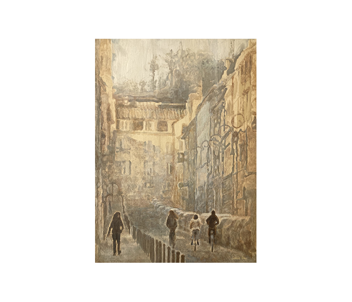 <b>La Rue des Bourdonnais, Versailles <br><b>Détrempe et glacis à la sandaraque sur bois - 33x24cm