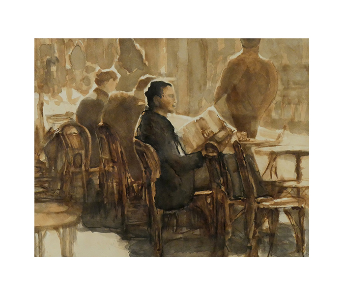 <b>Homme assis lisant son journal<br><b>Encre de Chine et encre à la gomme-laque sur papier Velin d'Arches - 50x60cm