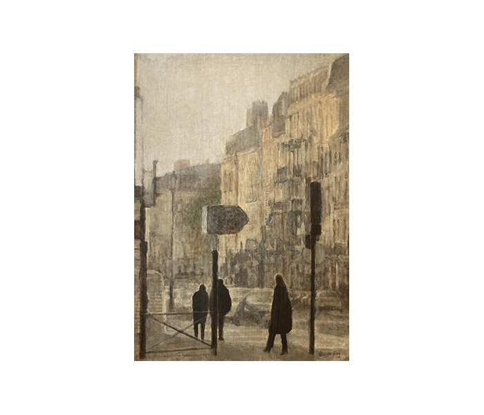 <b>La Rue Carnot, Versailles <br><b>Collage papier journal, détrempe et glacis à la sandaraque sur bois - 33x24cm