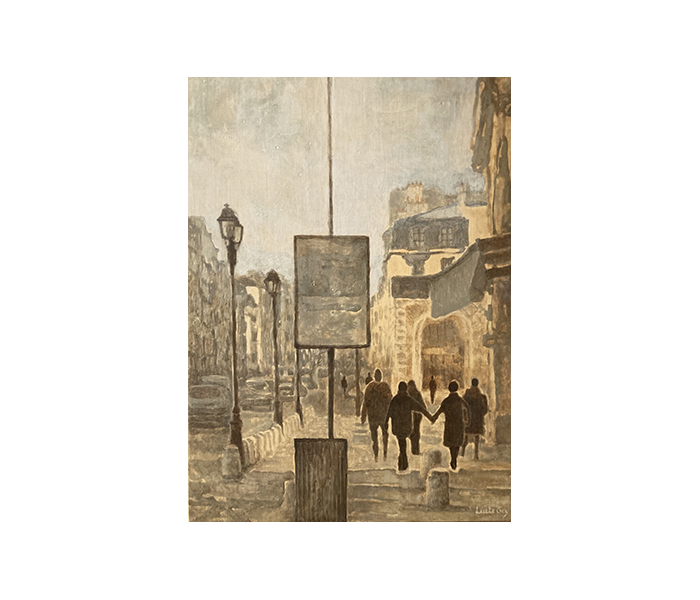 <b>Passants, Rue du Maréchal Foch, Versailles <br><b>Détrempe et glacis à la sandaraque sur bois - 33x24cm