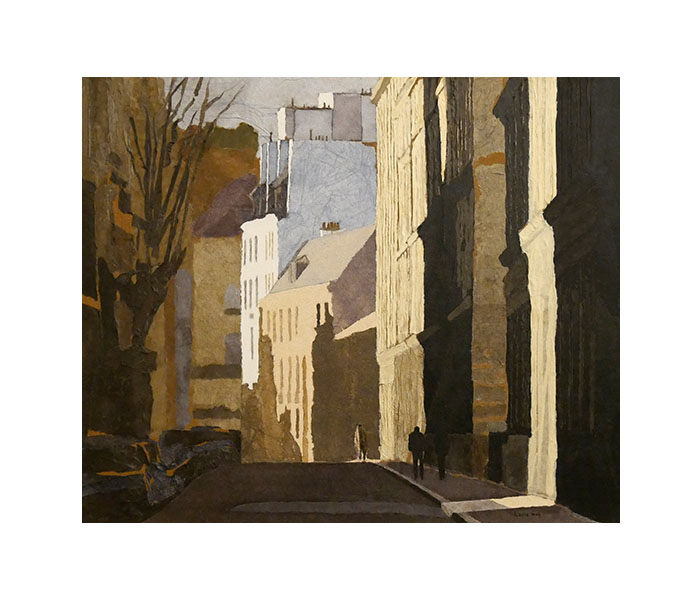 <b>La rue Saint-Dominique, Paris 7<sup>ème</sup> <br><b>Papiers déchirés, teintés et collés sur toile - 54x65cm